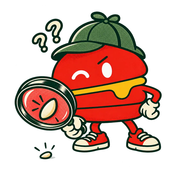 Notre mascotte burger en détective examine un grain de sésame avec une énorme loupe.