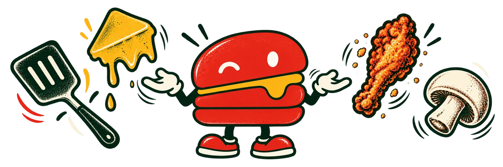Notre mascotte burger rouge au clin d’œil hausse les mains entre une spatule, du cheddar fondant, du poulet croustillant et un champignon.