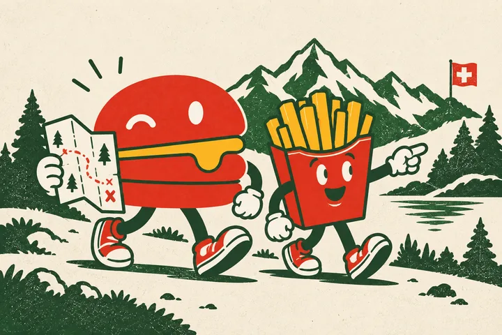 Notre mascotte burger et son compagnon frites partent explorer les Alpes, carte en main.